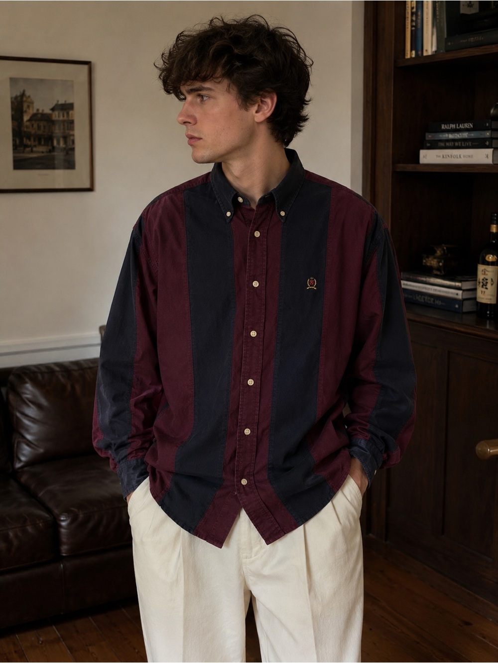 Vintage Tommy Hilfiger Rugby Stripe Button-Down Shirt Burgundy Navy L Y2K Preppy